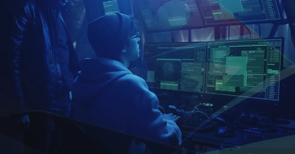 A hacker team working in a dark ops room executing code and scanning aviation targets.