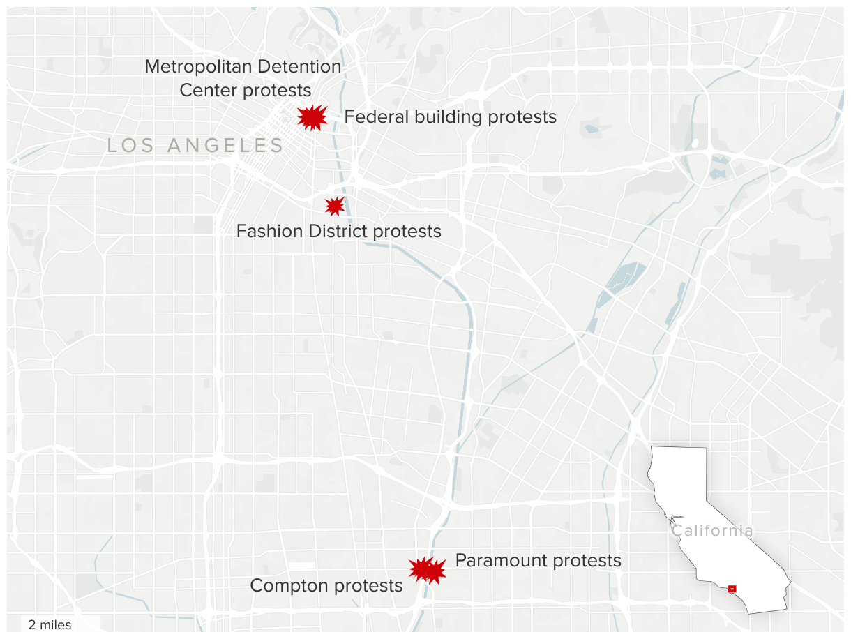 Map marking protest hotspots across Los Angeles County.