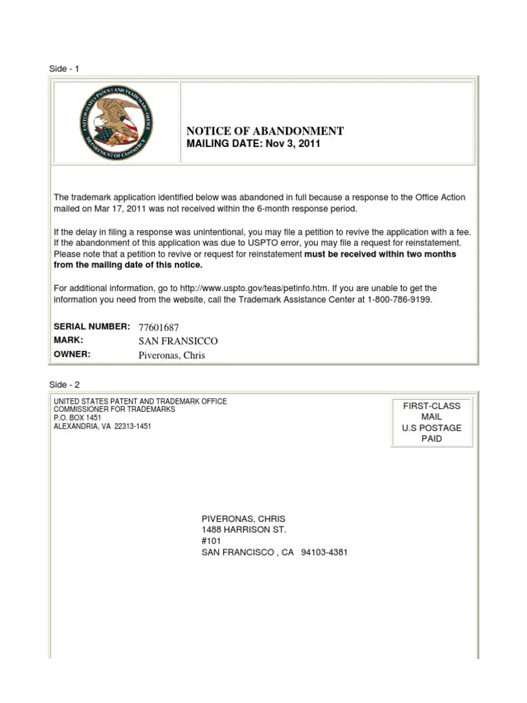 Screenshot of USPTO TTAB record displaying “ABANDONED – AFTER INTER‑PARTES DECISION” status for the Sean John trademark.