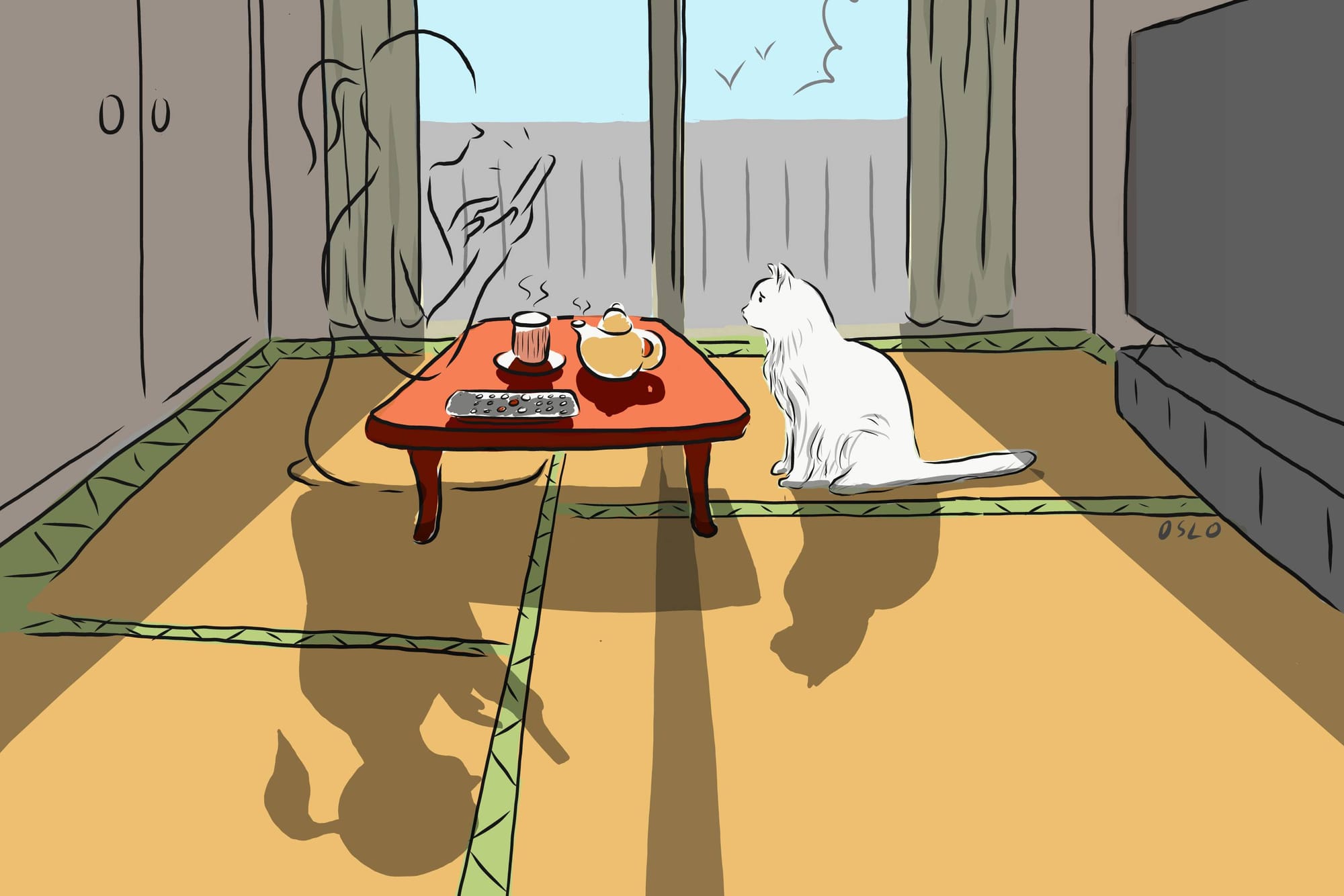 Calm, tatami-room drawing symbolizing quiet reflection and outreach.