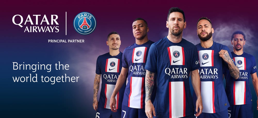 PSG stars including Messi and Mbappe pose in the Qatar Airways-sponsored kits under the slogan “Bringing the world together.”