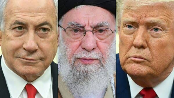 Portrait collage of Israeli Prime Minister Benjamin Netanyahu, Iranian Supreme Leader Ayatollah Ali Khamenei, and former U.S. President Donald Trump