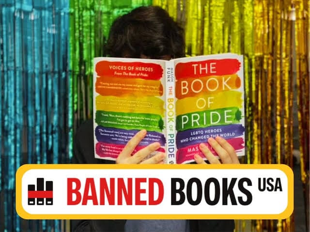 School library bookshelf with marked “banned” books in Florida