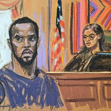 Artistic courtroom sketch of Sean Combs appearing before a judge during recent civil proceedings.