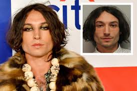 Ezra Miller at a formal event wearing a fur coat, with an inset image showing their mugshot from one of several arrests.