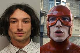 Side-by-side image of Ezra Miller’s mugshot next to their portrayal of The Flash in full costume.