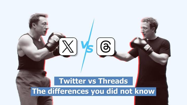 Meme illustration of Elon Musk and Mark Zuckerberg in a boxing stance, labeled X vs Threads.