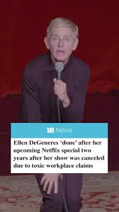 Ellen DeGeneres holding a microphone on stage with a headline overlay about her exit after toxic workplace claims.