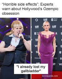 "Rebel Wilson before and after photo with quote about losing gallbladder, highlighting Ozempic side effects in Hollywood"