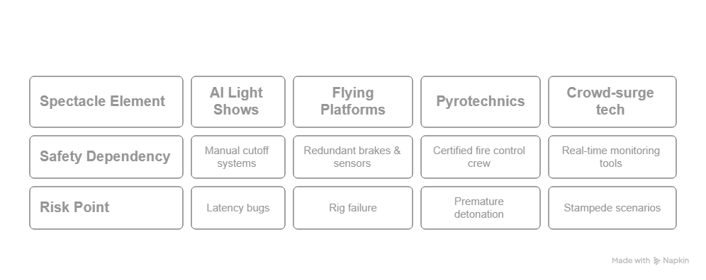Diagram showing safety systems and risks in live shows—AI lights, flying rigs, pyrotechnics, and crowd-control.