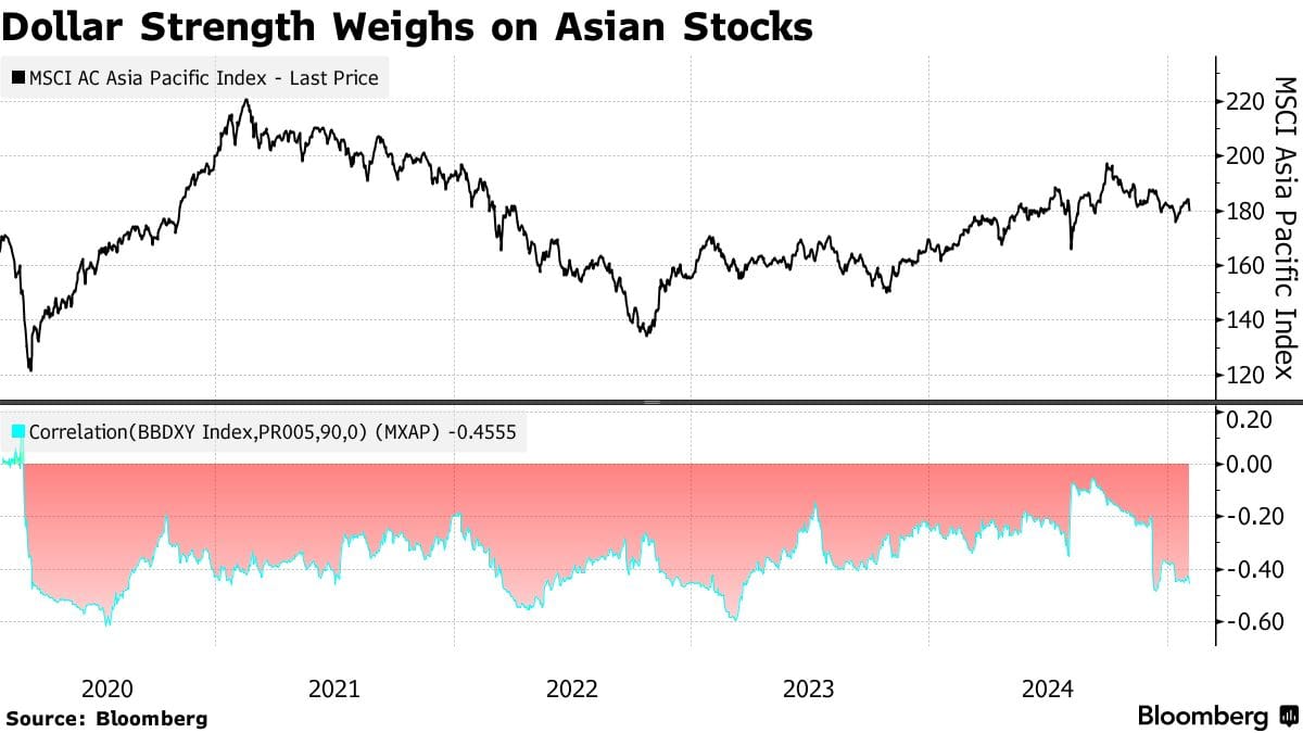 Bloomberg chart illustrating the negative correlation between a strong USD and Asian stock allocations.