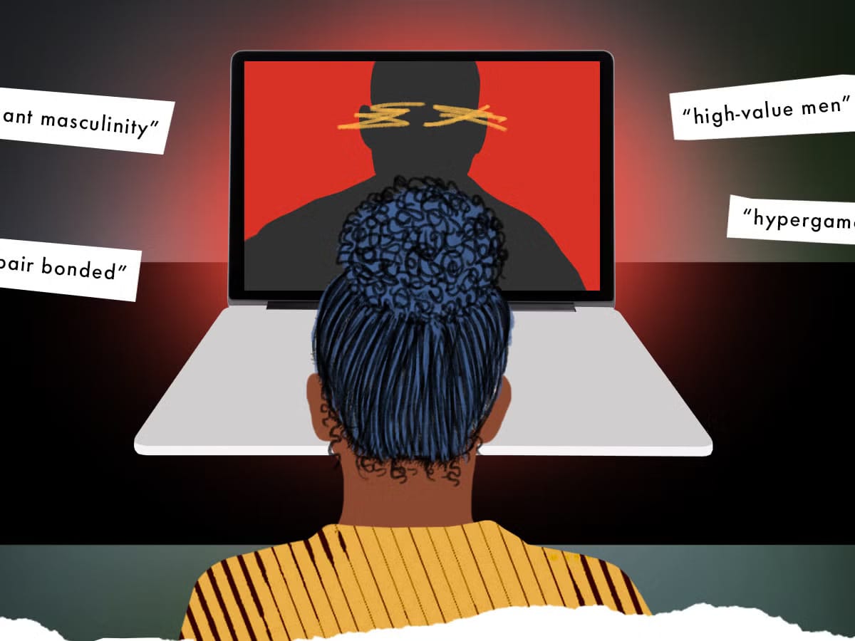 Stylized collage showing controversial male influencers and a woman on a livestream platform, representing the online manosphere’s reach and influence.