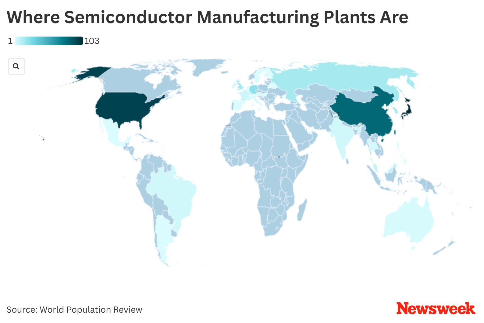 World map highlighting countries with the highest number of semiconductor manufacturing facilities, prominently showing the U.S. and China.