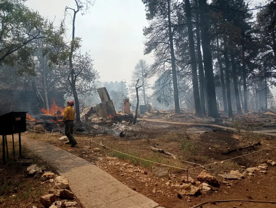 A firefighter stands amid ruins and burning debris in a forest following a destructive wildfire.