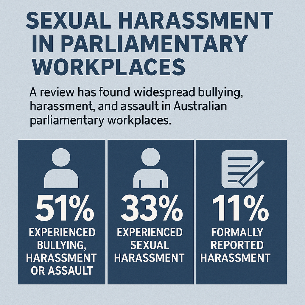 Infographic showing statistics: 51% experienced bullying/assault, 33% sexual harassment, 11% formally reported.