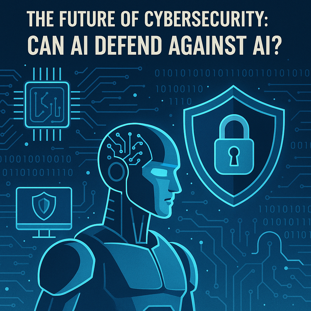 Concept art of an AI robot facing cybersecurity icons with a headline: Can AI defend against AI?