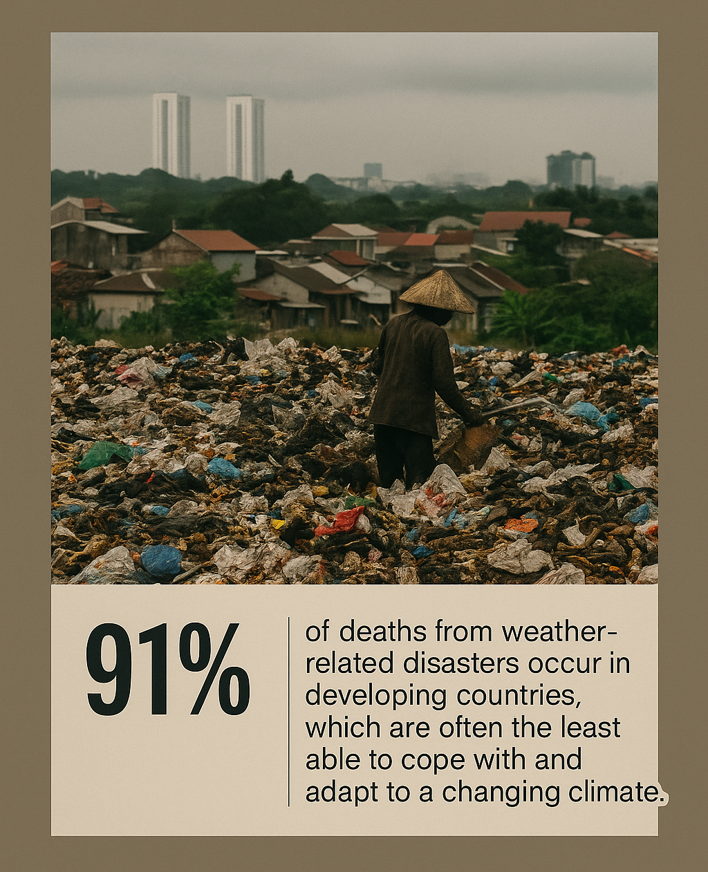 A person wearing traditional rural attire stands amidst a massive garbage dump with a backdrop of urban buildings and a cloudy sky.