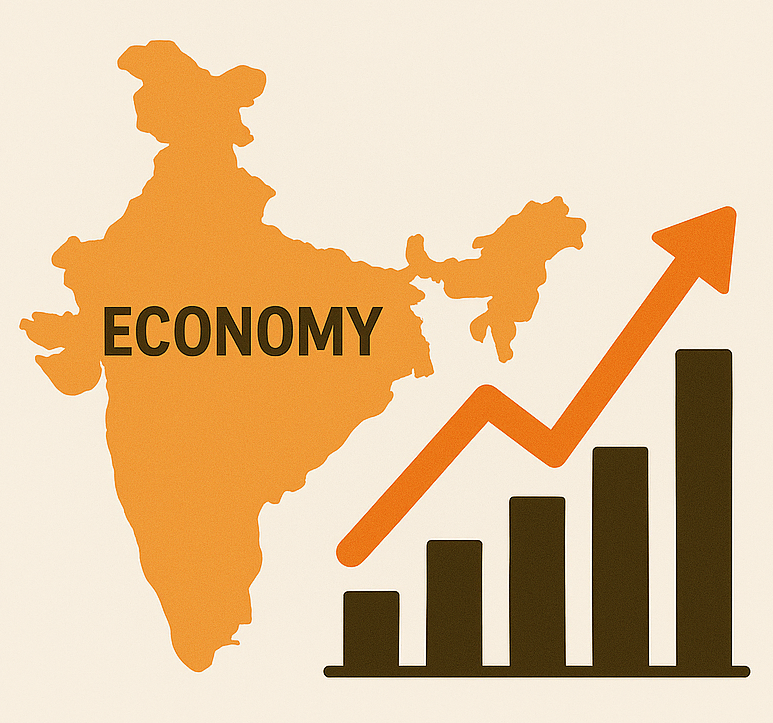 Visual showing a map of India labeled "Economy" alongside a rising bar chart with an upward arrow.