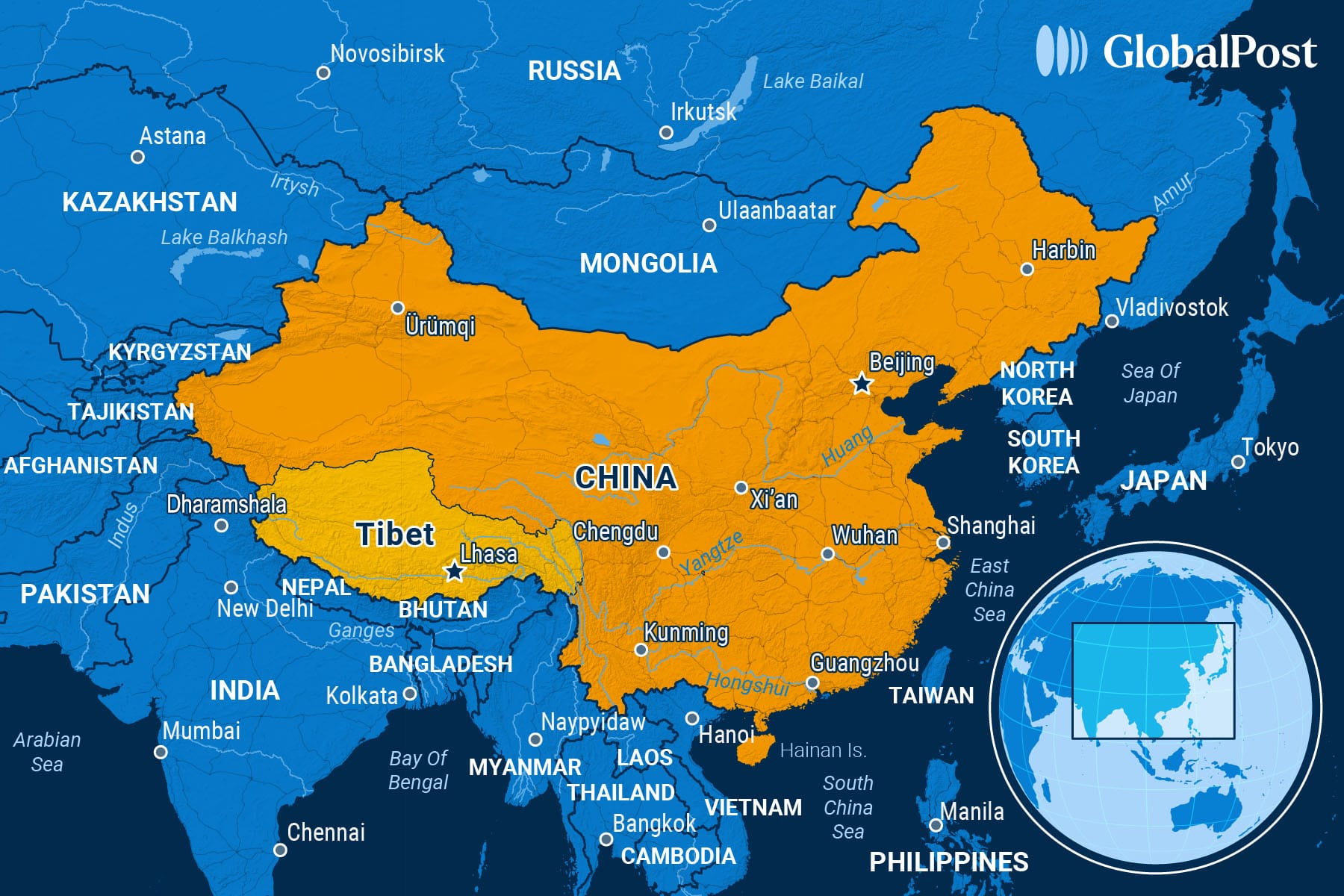 Color-coded political map of East and South Asia showing China, Tibet, India, and surrounding nations with major cities and borders.