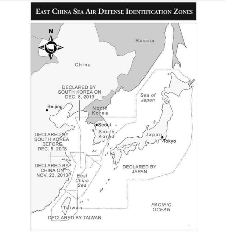 Black-and-white map showing when China, Japan, South Korea, and Taiwan declared their ADIZs around the East China Sea.