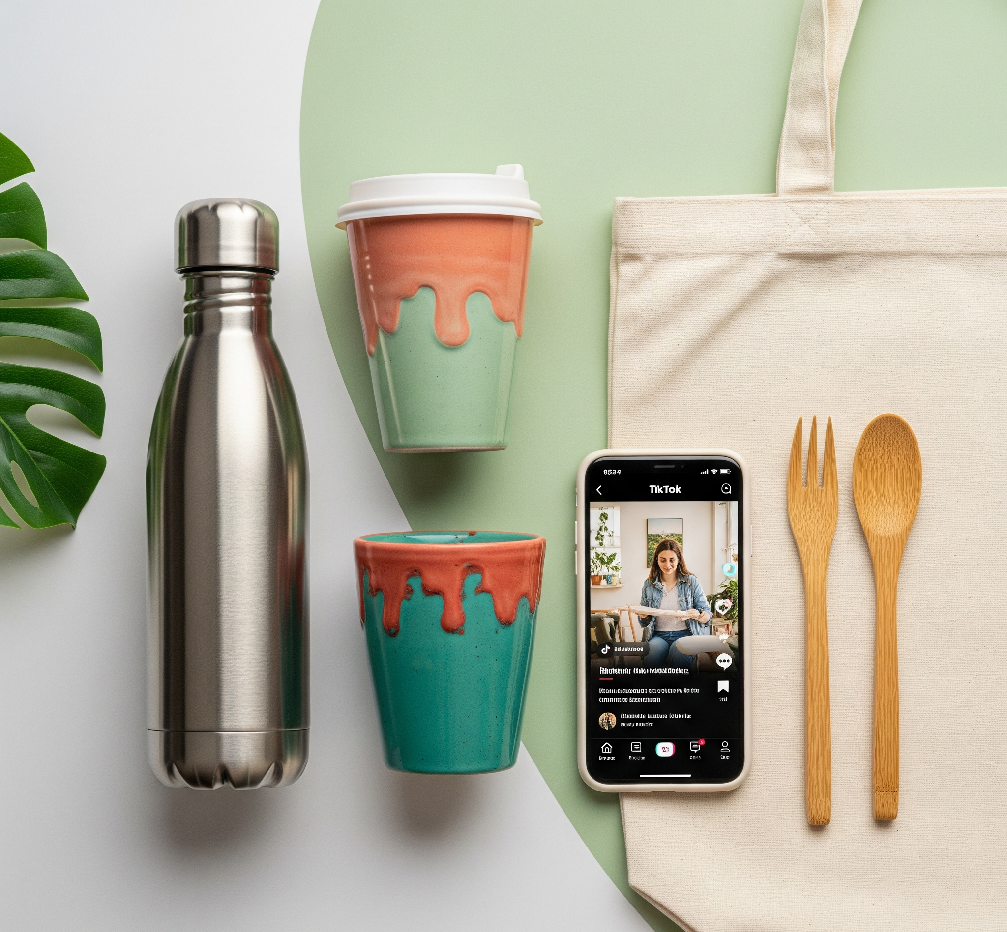 A flat lay of reusable items (water bottle, coffee cup, tote bag, bamboo utensils) with a smartphone displaying a sustainability-themed TikTok video.
