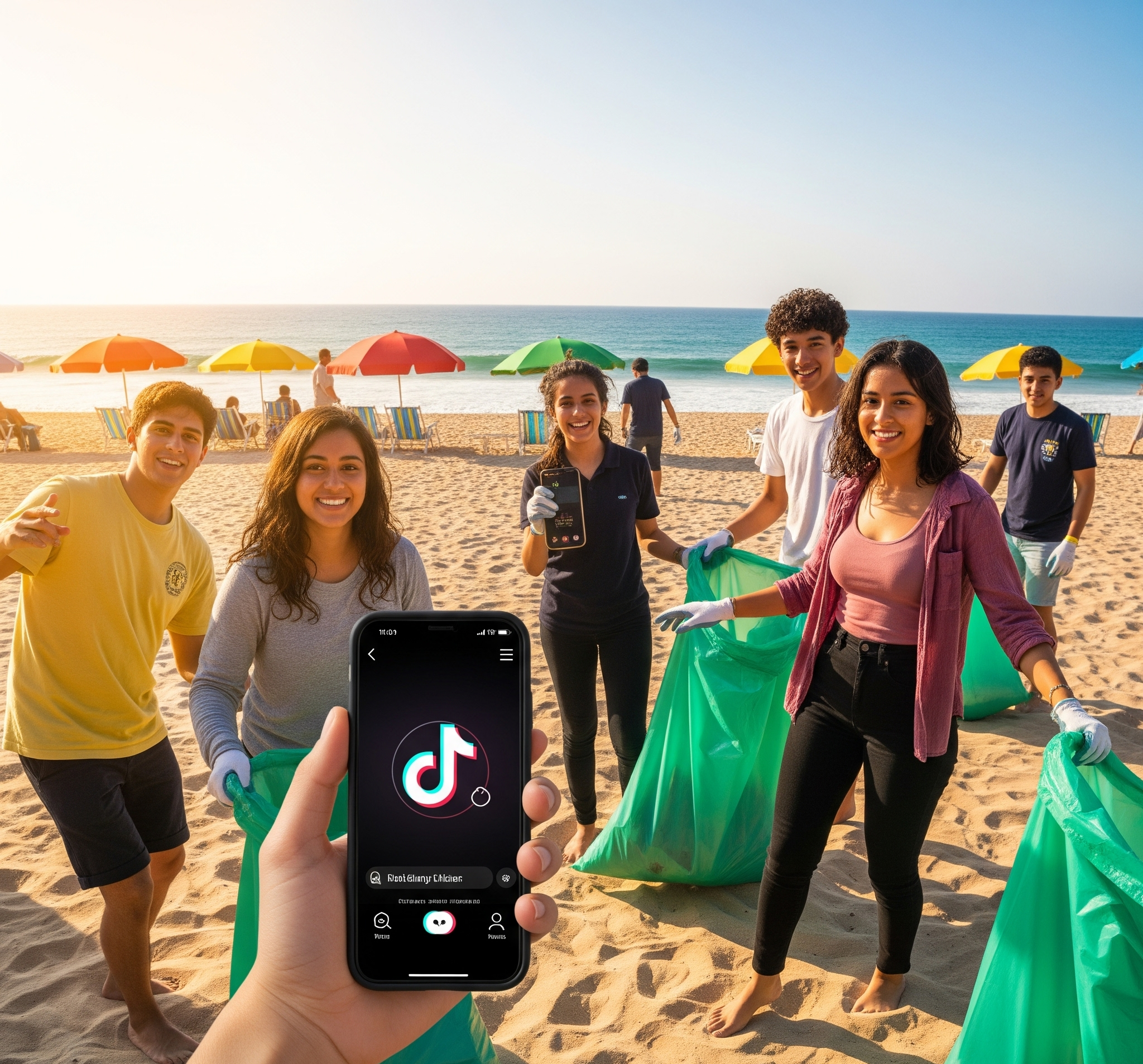 Young people participating in a beach cleanup, some holding phones showing a TikTok-like interface.