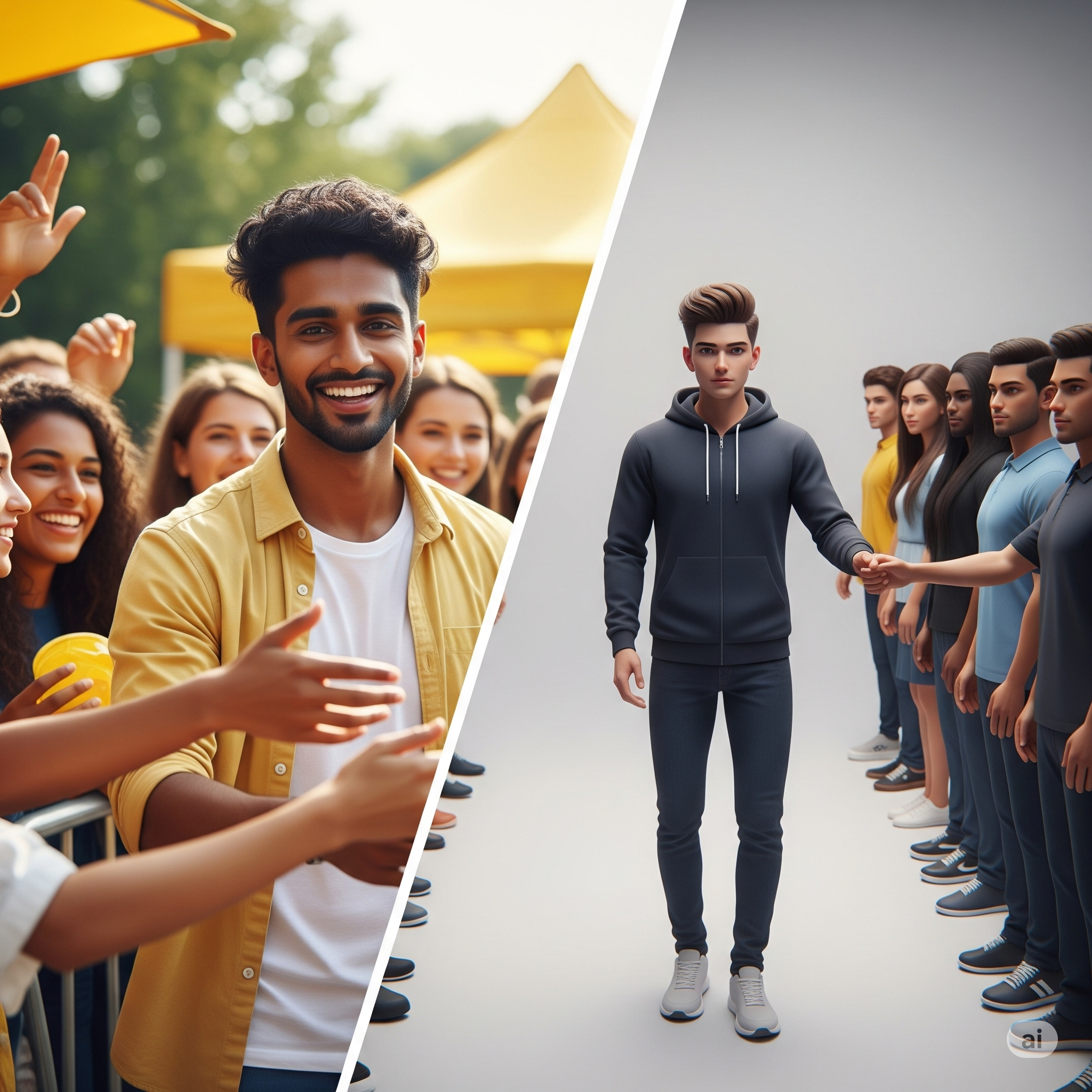 Split image of a human influencer with followers and an AI influencer with perfect interactions.