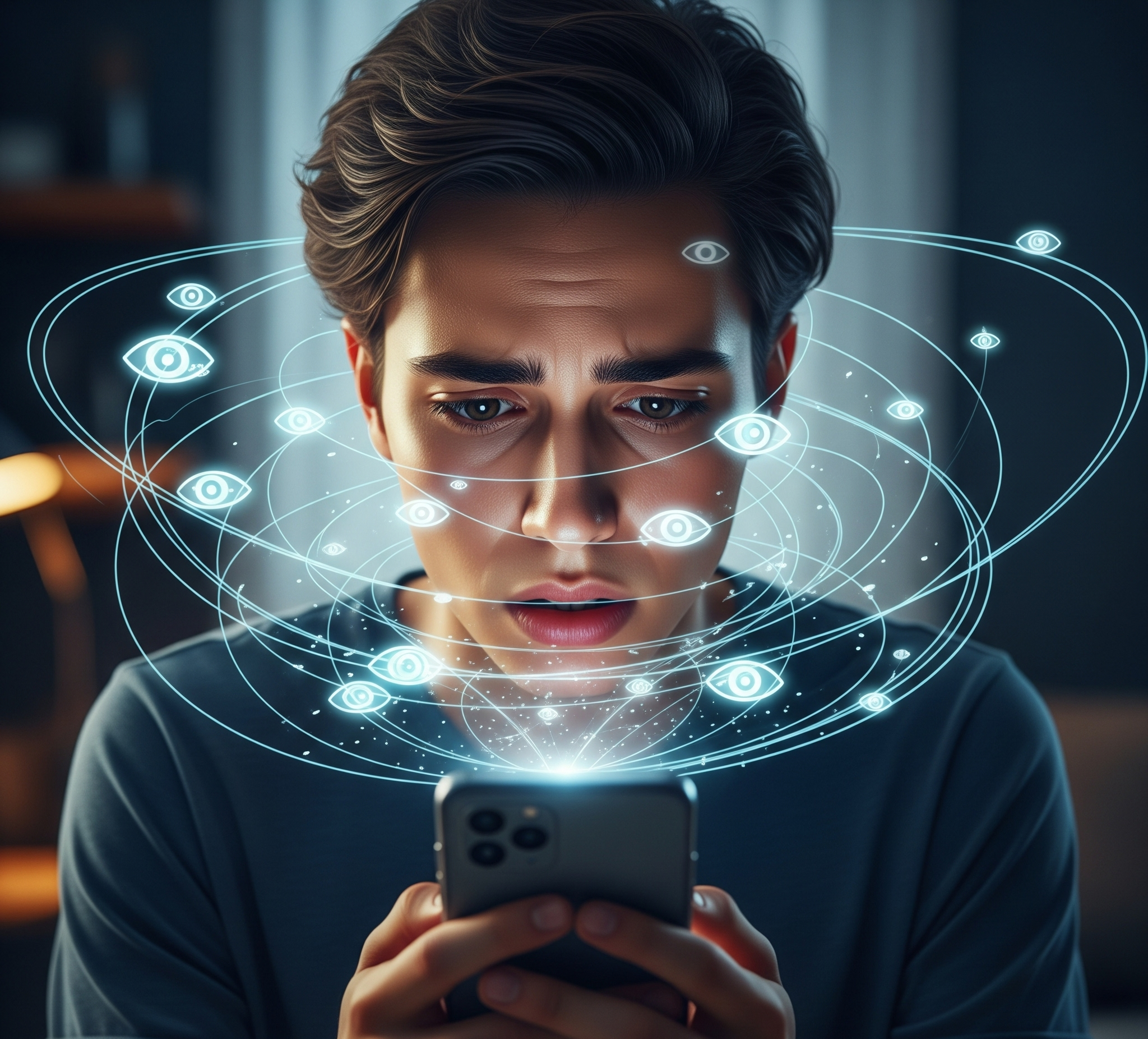 A person with a worried expression looking intently at a smartphone, with digital lines and glowing eyes
