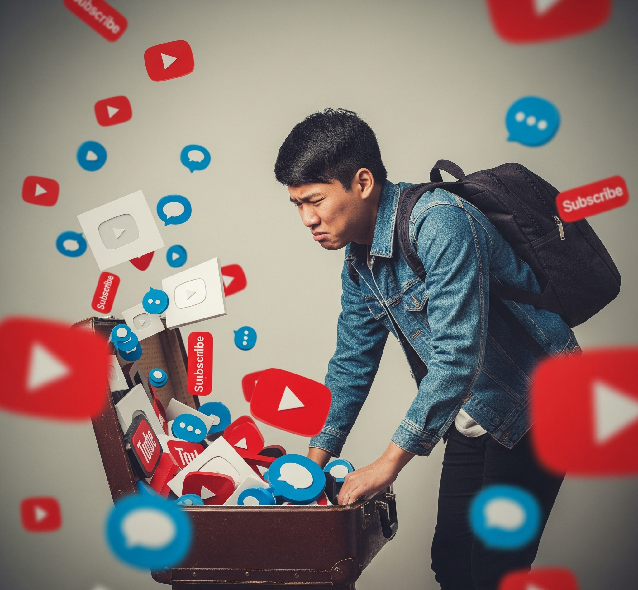 A person packing a suitcase with YouTube logos spilling out, symbolizing creators leaving the platform.