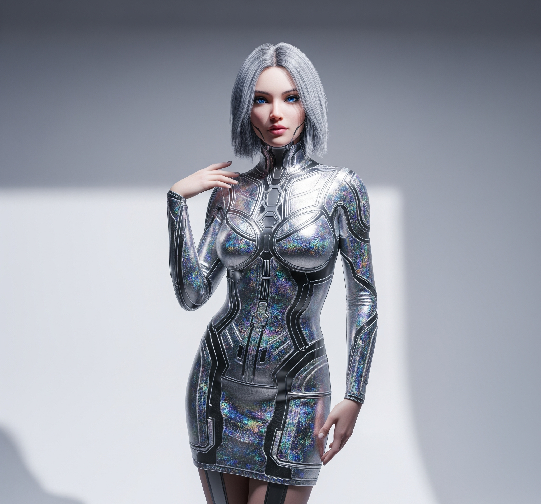 AI influencer posing in futuristic streetwear