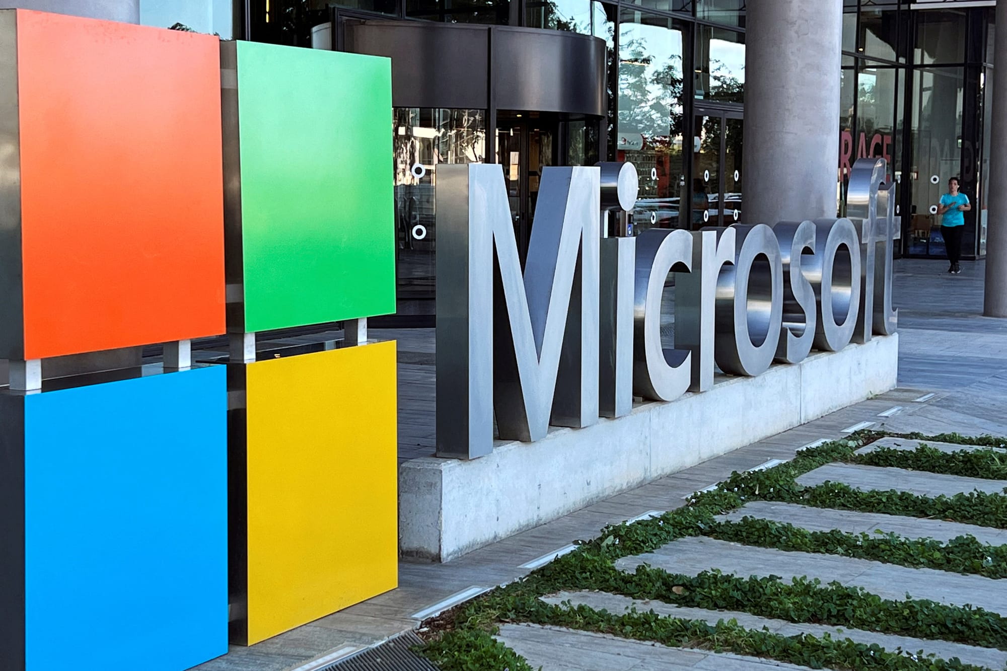 Exterior signage of Microsoft's Mountain View campus, with corporate branding visible—highlighting a site tied to major workforce reductions.