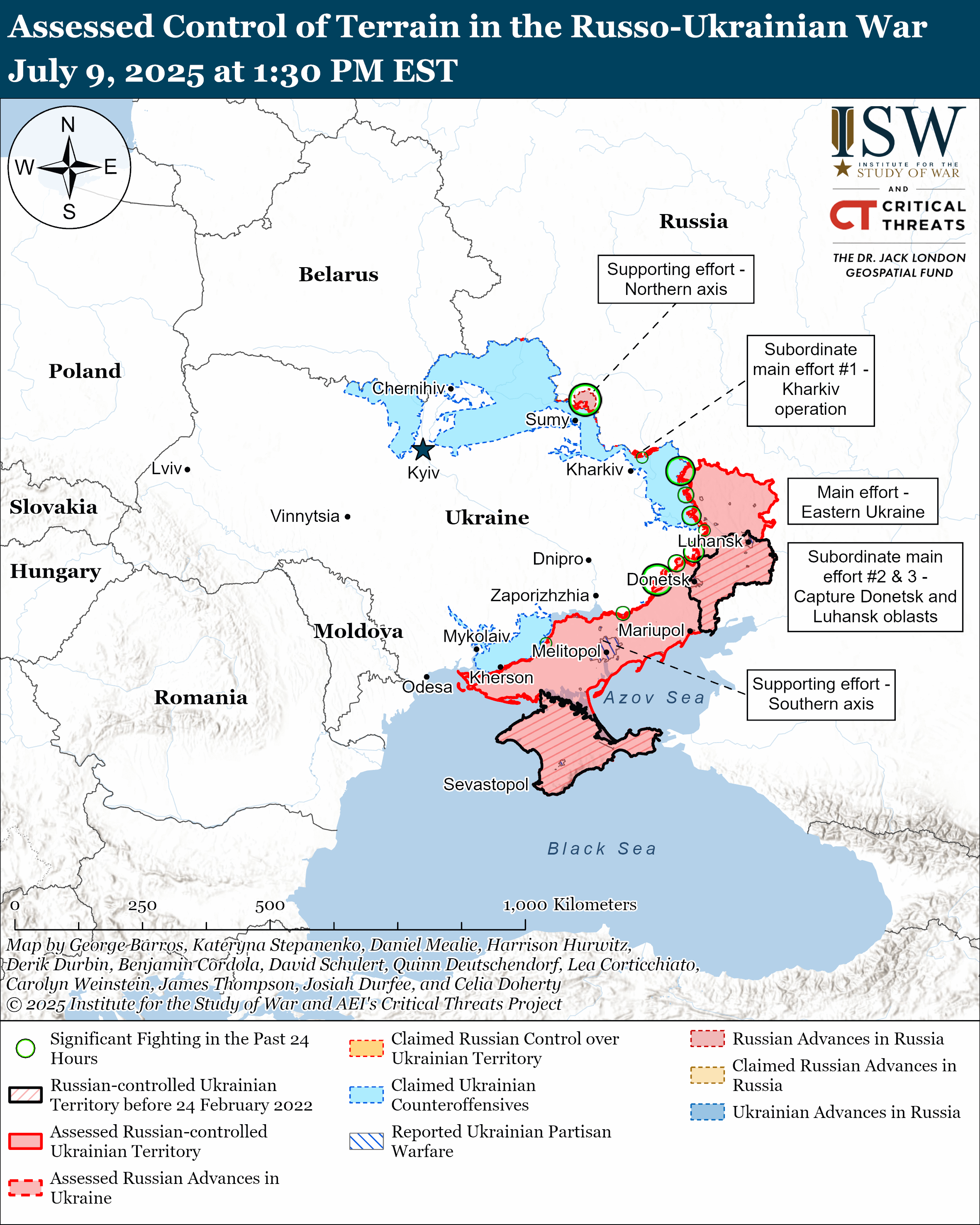 Detailed map of Ukraine showing Russian and Ukrainian controlled areas, with labels for main and supporting military efforts and zones of significant fighting.