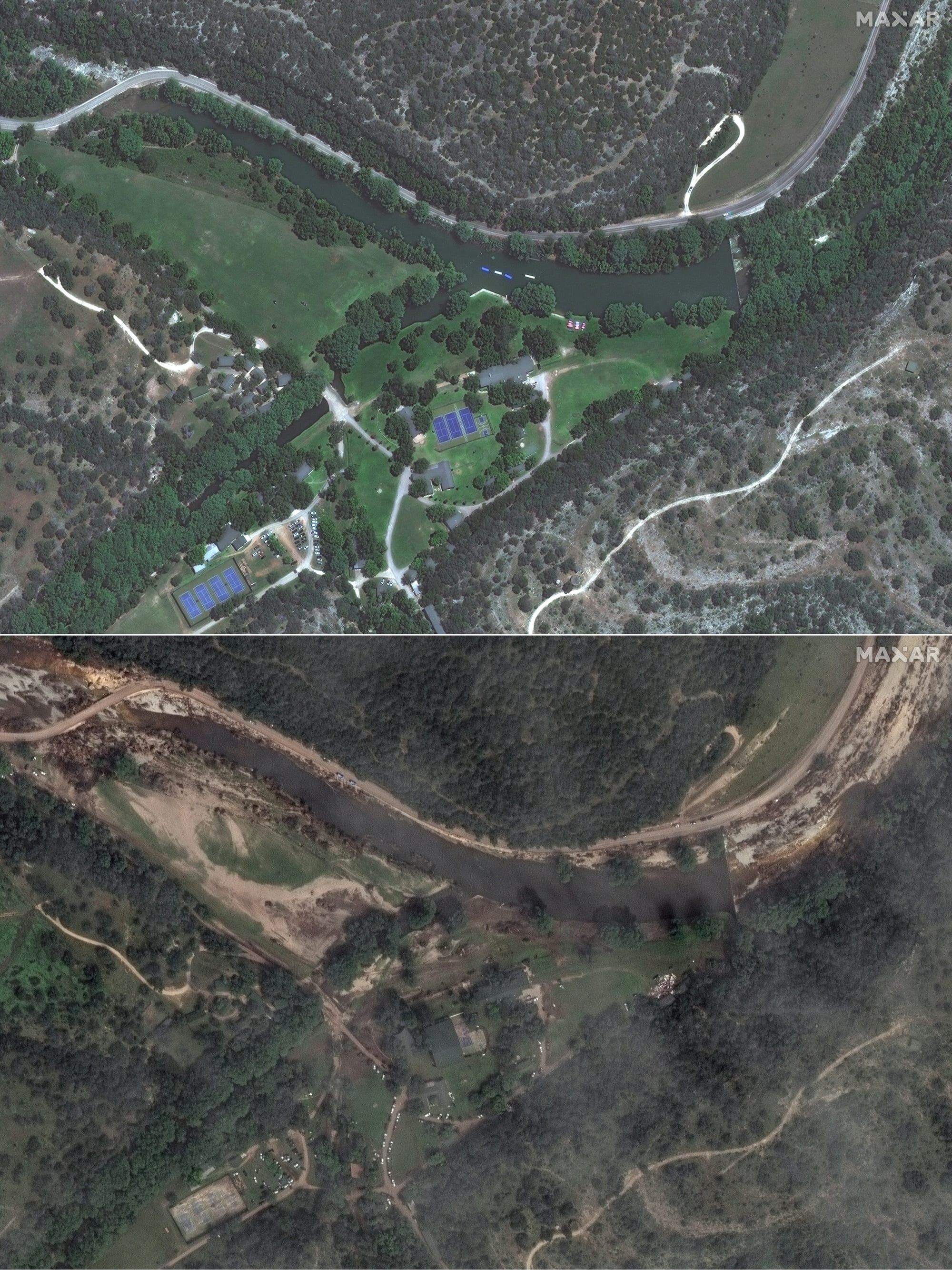 Two-panel satellite image comparing green, calm riverside terrain before flooding with the muddy, stripped landscape after the flood.