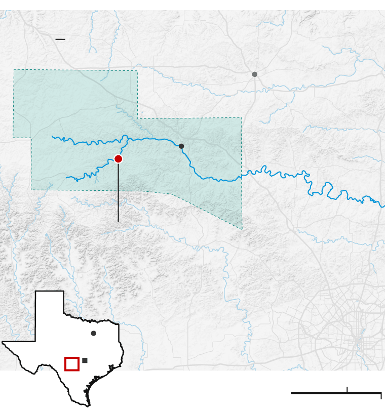 Map of a Texas watershed with shaded flood zones and a red dot marking a significant monitoring point, inset shows Texas for reference.