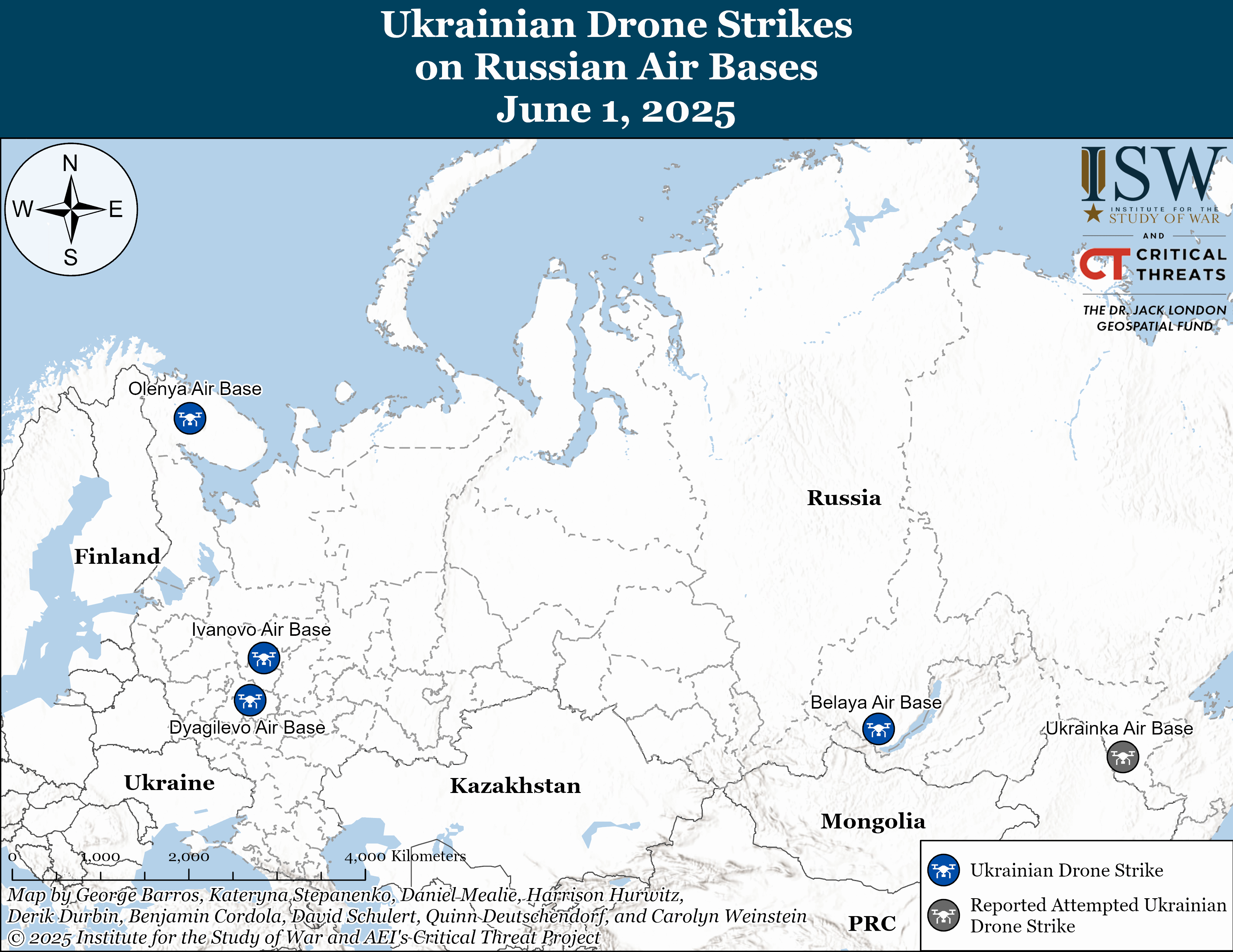 Map showing locations of Ukrainian drone strikes and attempted strikes on Russian air bases including Olenya, Ivanovo, Dyagilevo, Belaya, and Ukrainka on June 1, 2025.