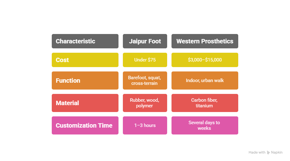 Table comparing Jaipur Foot and Western prosthetics based on cost, function, material, and customization time.