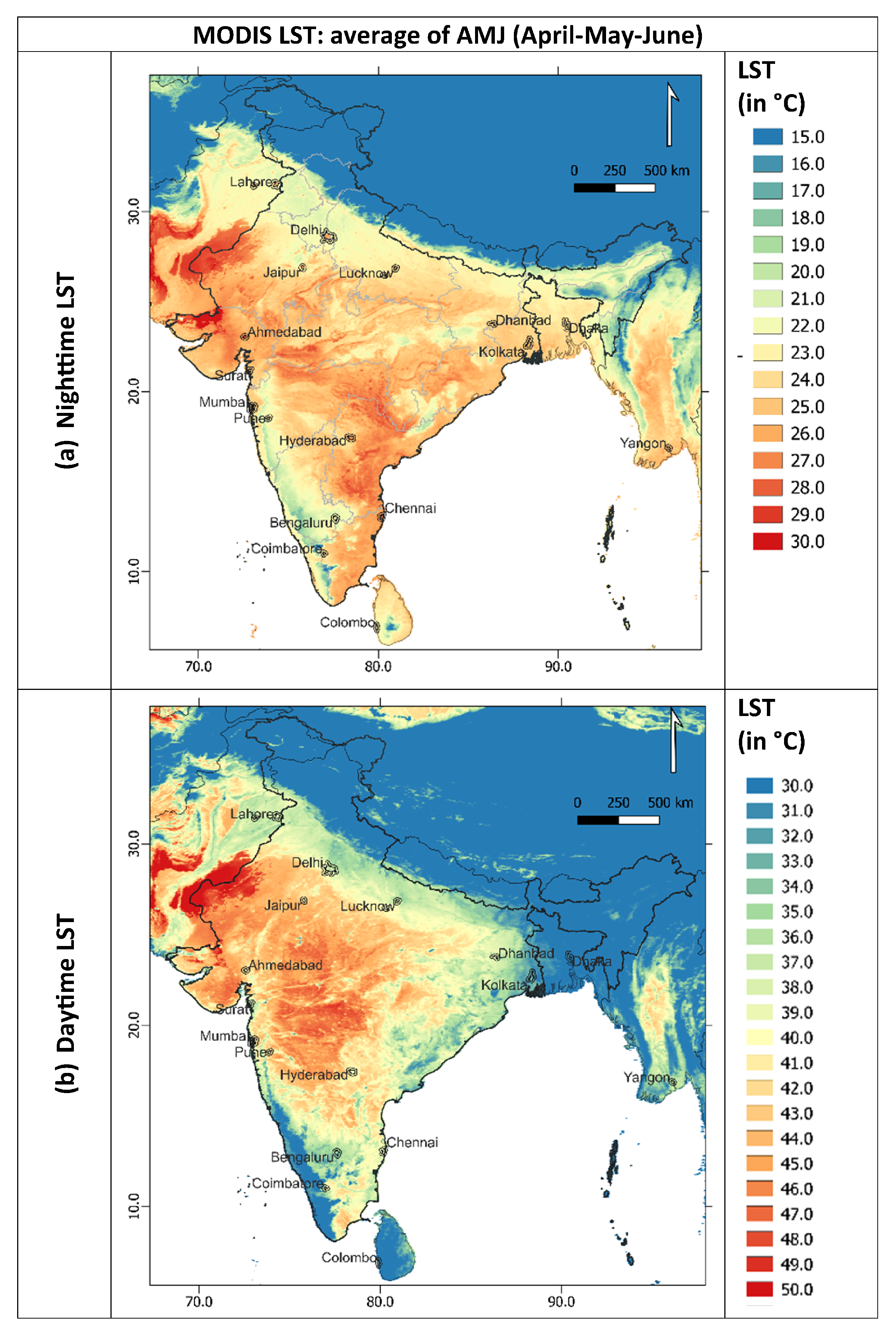 India map showing urban–rural temperature differences by region (heat island effect).