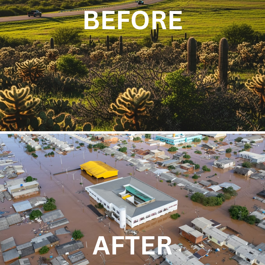 Before and after images showing flood devastation in Texas.