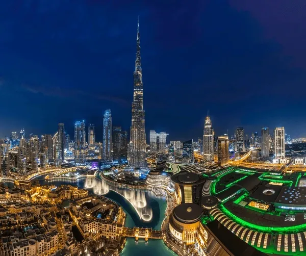 Downtown Dubai skyline at night, Burj Khalifa and city lights