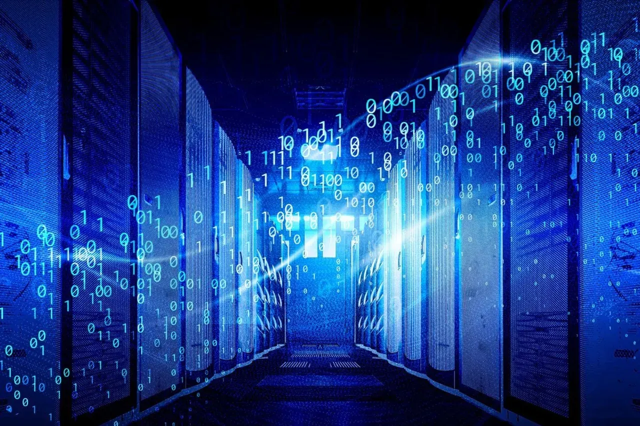 A data center interior looms in blue, hinting at vulnerability.