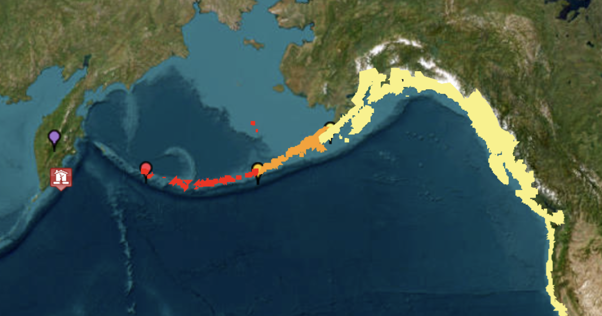 Map showing tsunami wave forecast model and propagation paths in the Pacific Ocean after 8.8 magnitude earthquake.
