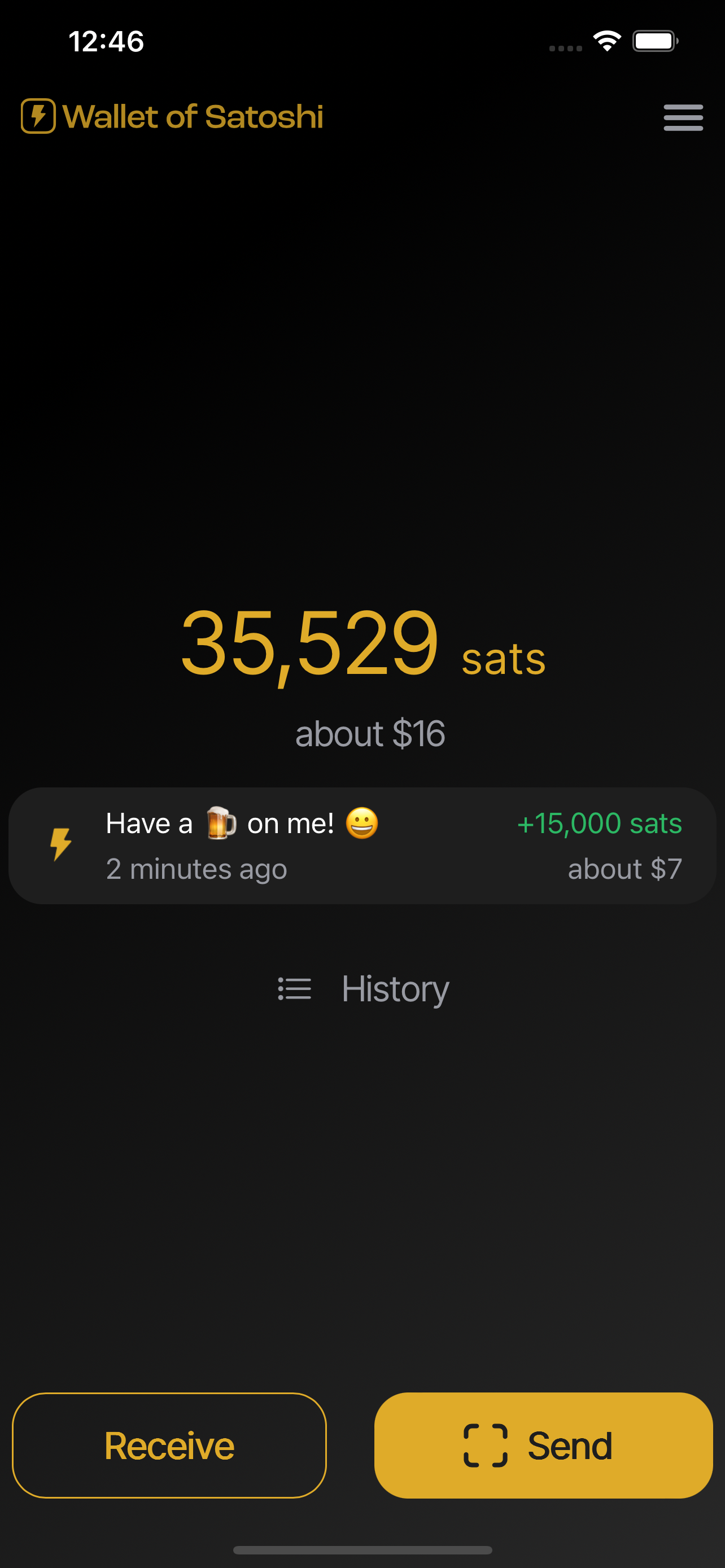 Mobile app interface showing “Wallet of Satoshi” title on smartphone screen against black background.