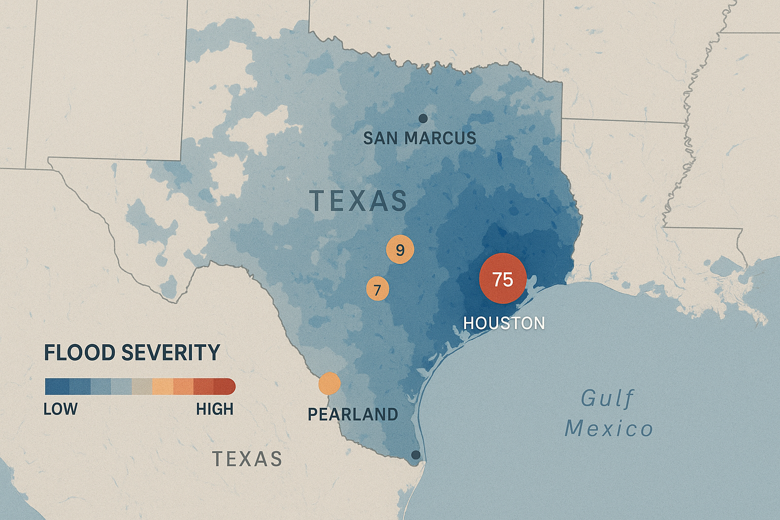 Map of Texas showing flood-affected regions and death toll hotspots.