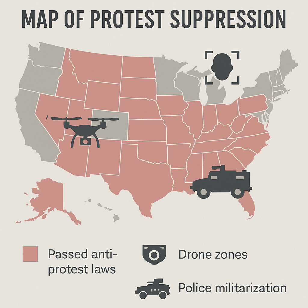 U.S. map showing states cracking down on protests with laws and surveillance