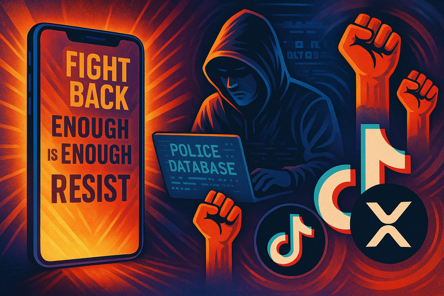 Collage symbolizing modern resistance through memes, hacking, and digital mobilization