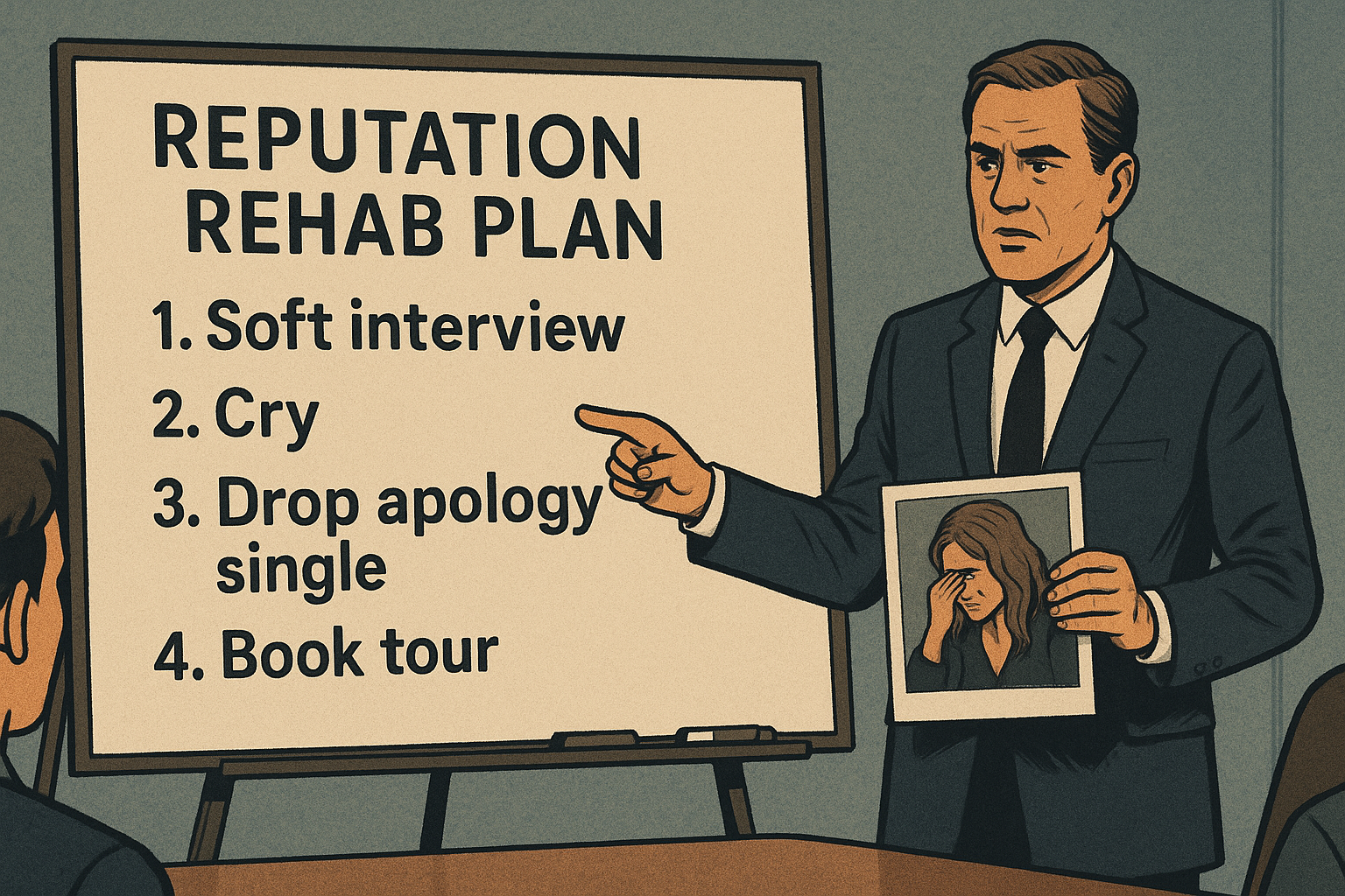 “Fictional PR strategy board with crisis steps, highlighting how celebrity tears are often choreographed