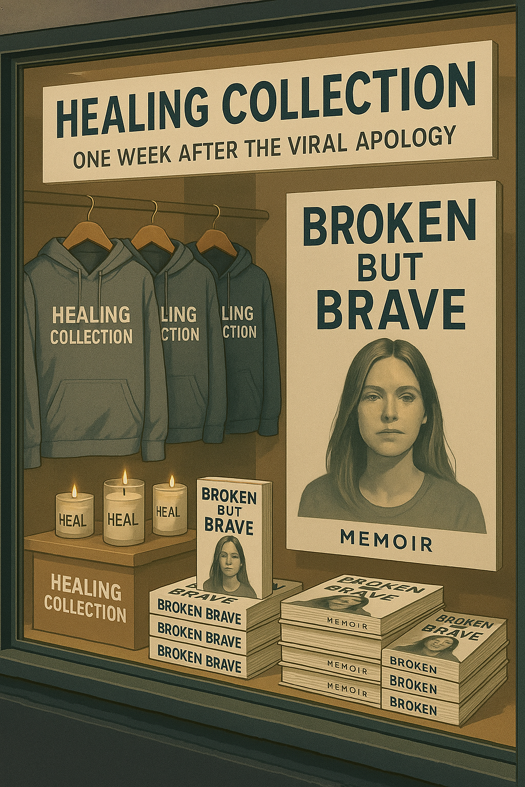“Parody image of celebrity merch themed around redemption, showing how vulnerability is monetized.”