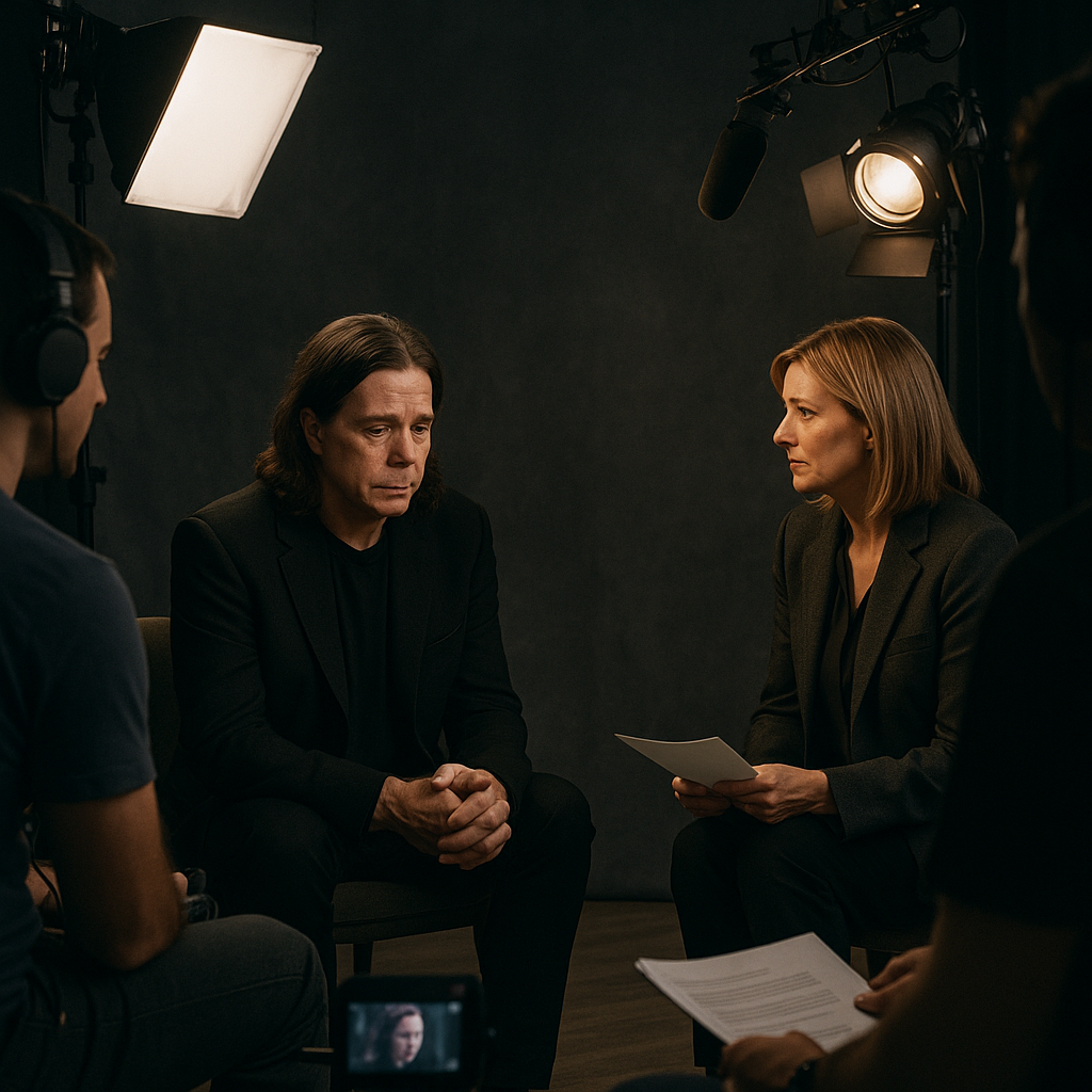 Staged celebrity interview scene showing crew and lighting, emphasizing the performance element behind on-camera apologies.
