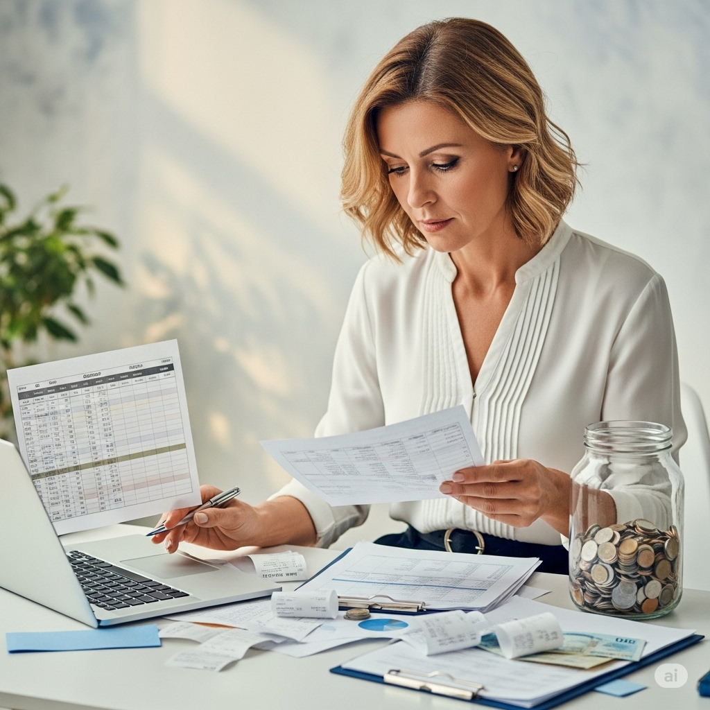 An individual proactively managing finances and building an emergency fund to prepare for economic uncertainty.