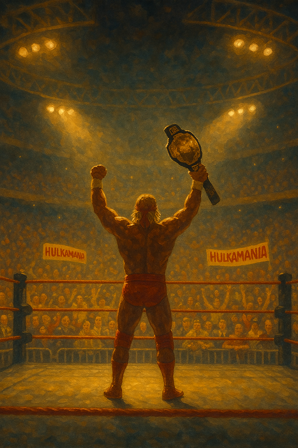 Vintage-style wrestling arena packed with fans, evoking the spirit of 1980s WrestleMania events